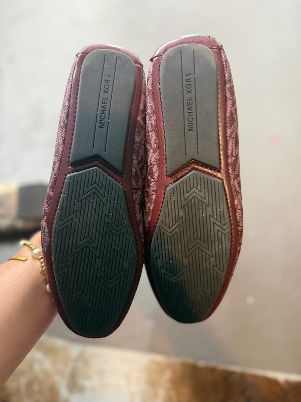 Michael Kors Women's Burgundy MK Metal-Embellished Loafers - Picture 2 of 4
